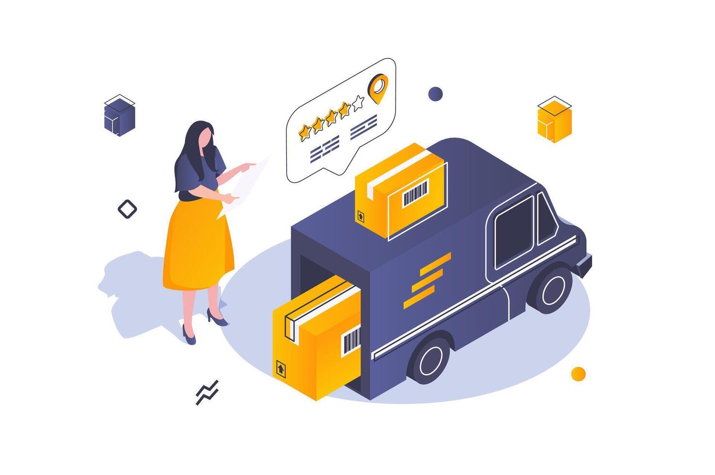 Transportation logistics concept in 3d isometric design. Woman using delivery company service for cardboard boxes shipping in truck. Vector illustration with isometric people scene for web graphic