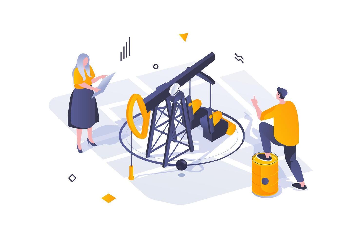 Oil Industry concept in 3d isometric design. Engineers work at oil production plant, check and control pump for extraction at station. Vector illustration with isometric people scene for web graphic