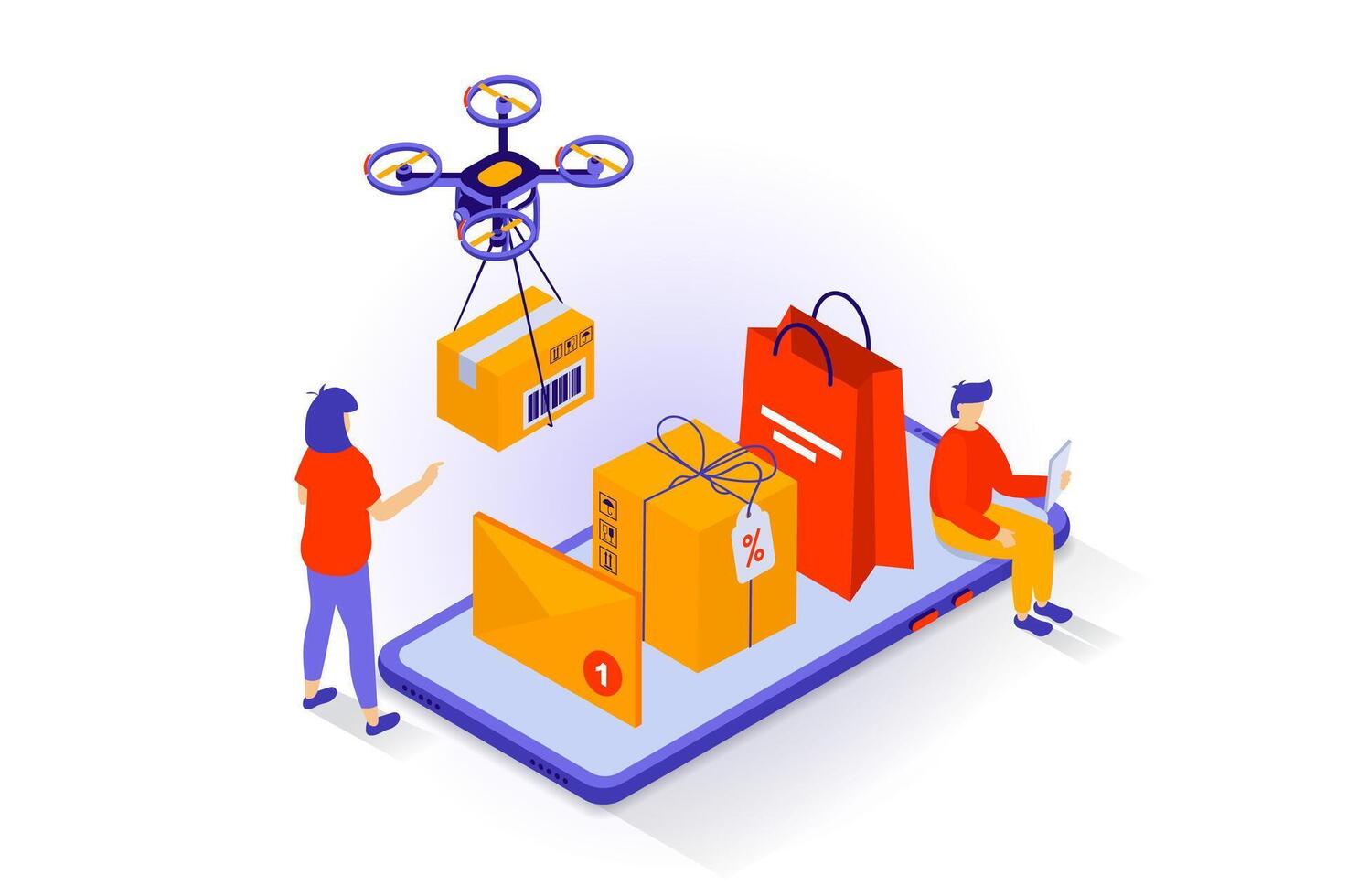 Online shopping concept in 3d isometric design. People making purchases in store webpage using mobile app, ordering delivery by flying drone. Vector illustration with isometry scene for web graphic