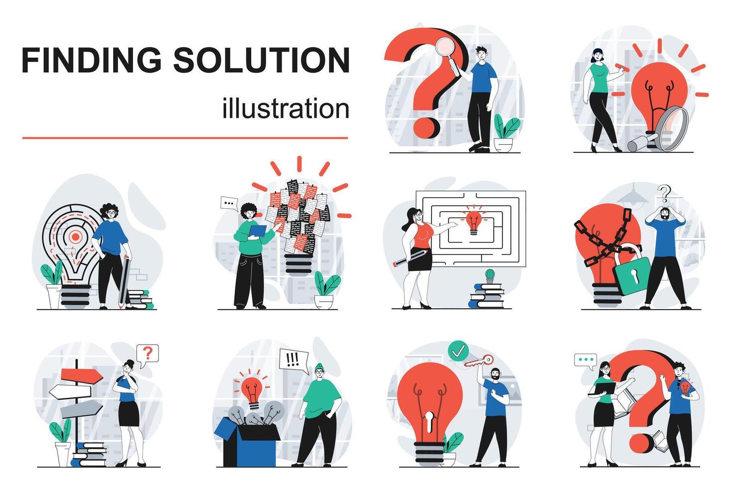 Finding solution concept with character situations mega set. Bundle of scenes people thinking questions and solving, brainstorming and creative mind process. Vector illustrations in flat web design