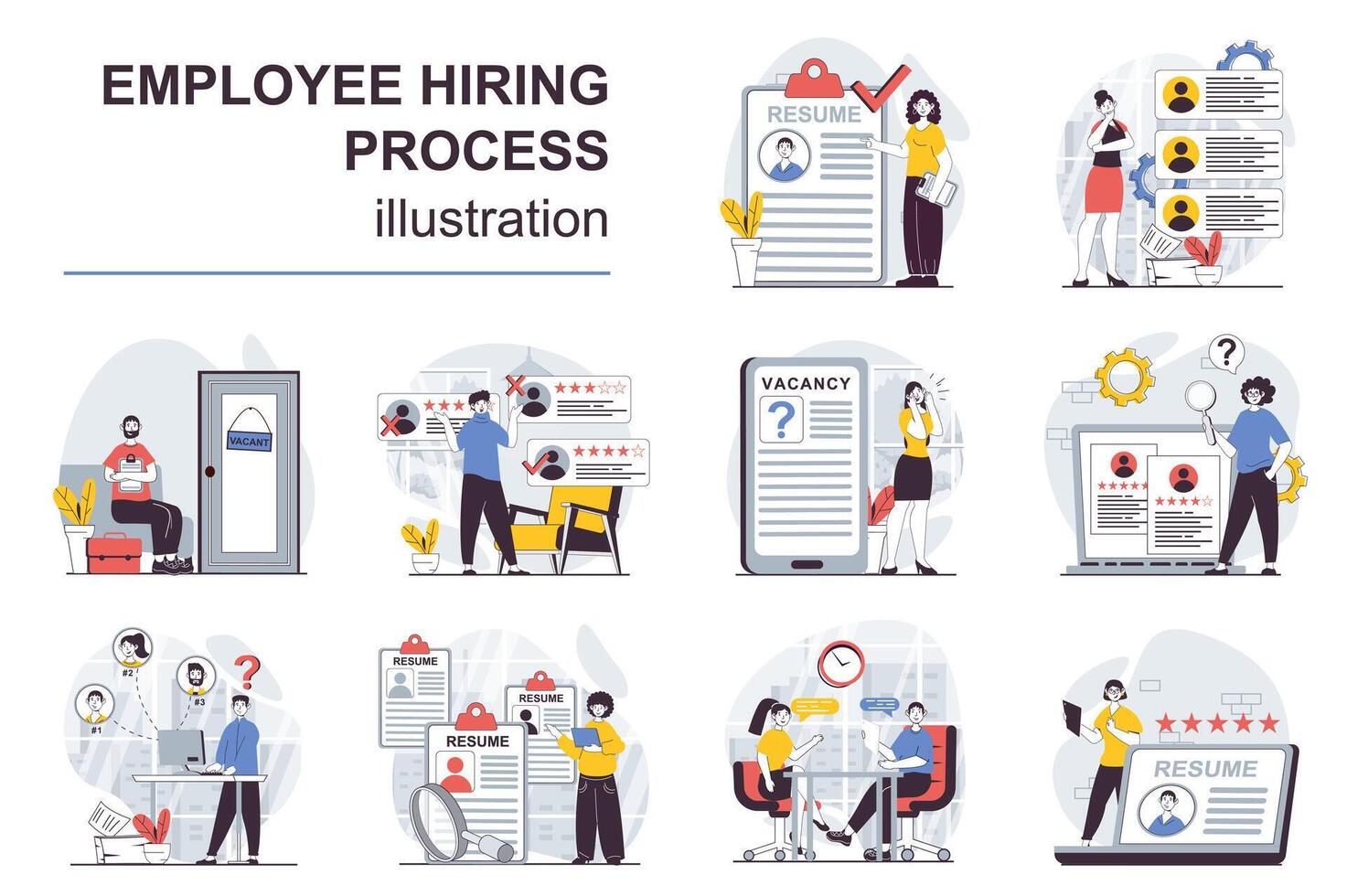 Employee hiring process concept with character situations mega set. Bundle of scenes people choosing best applicant resume to vacancy, find human resources. Vector illustrations in flat web design