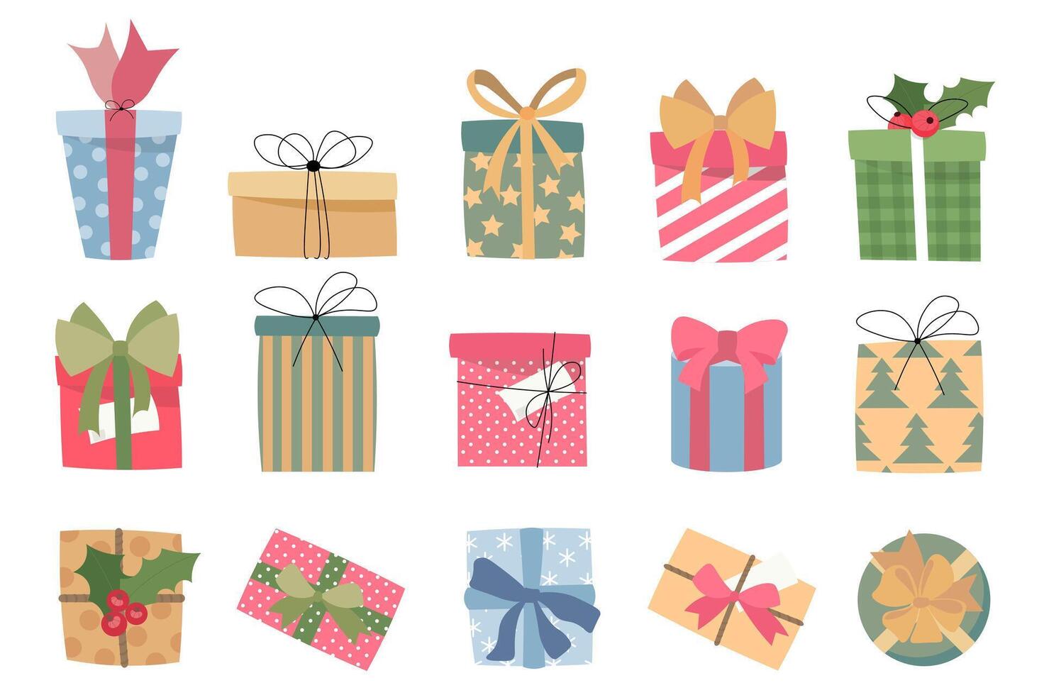 Presents mega set elements in flat design. Bundle of different types of holiday gift boxes with bows, holly, ribbons, striped or printed wrapping paper. Vector illustration isolated graphic objects