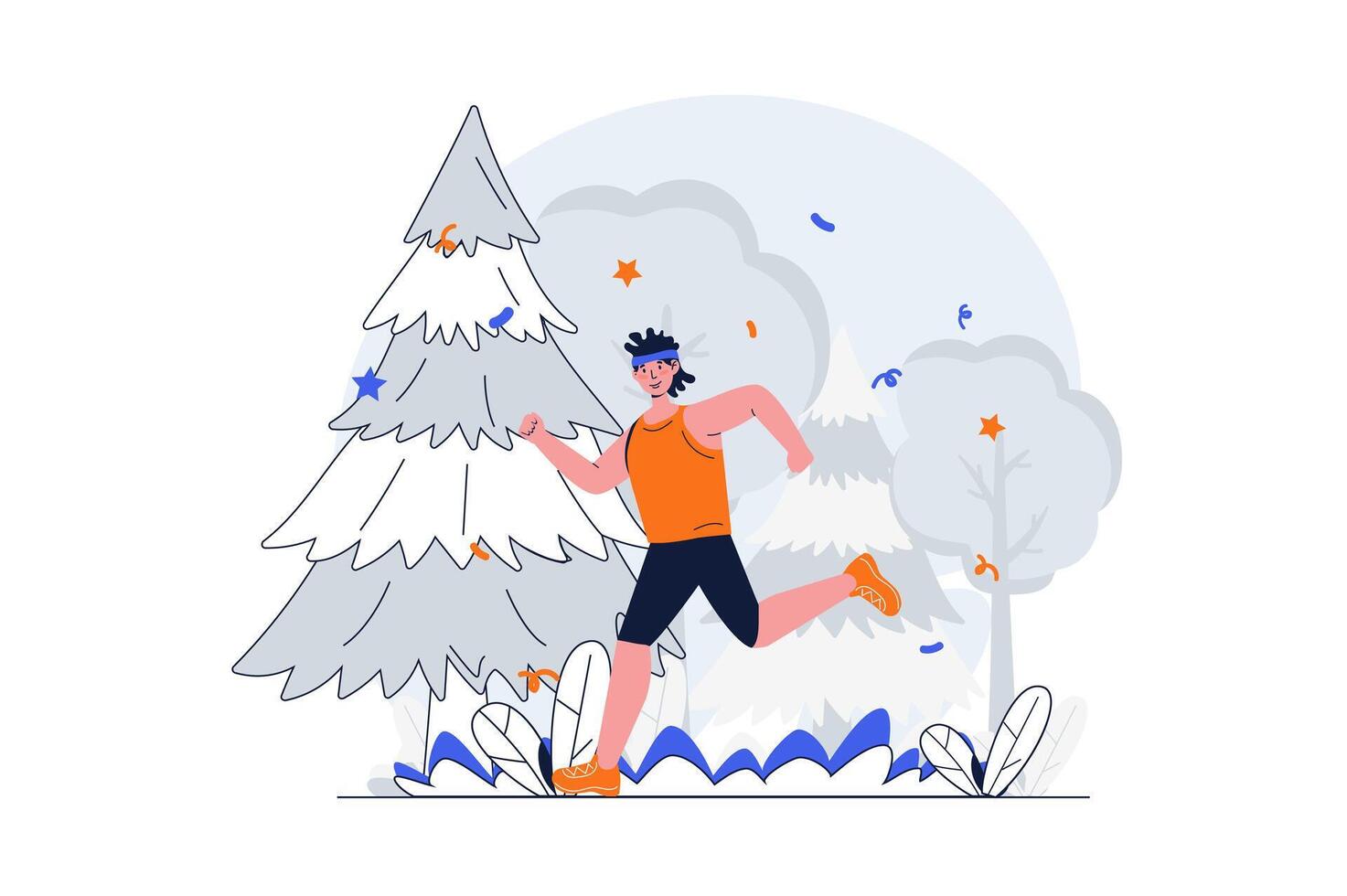 Sport training web concept with character scene. Man in sportswear running in forest, doing cardio workout. People situation in flat design. Vector illustration for social media marketing material.