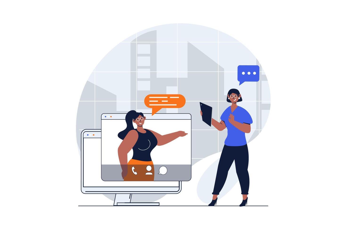 Video conference web concept with character scene. Women talking and discussing tasks via virtual video chat. People situation in flat design. Vector illustration for social media marketing material.