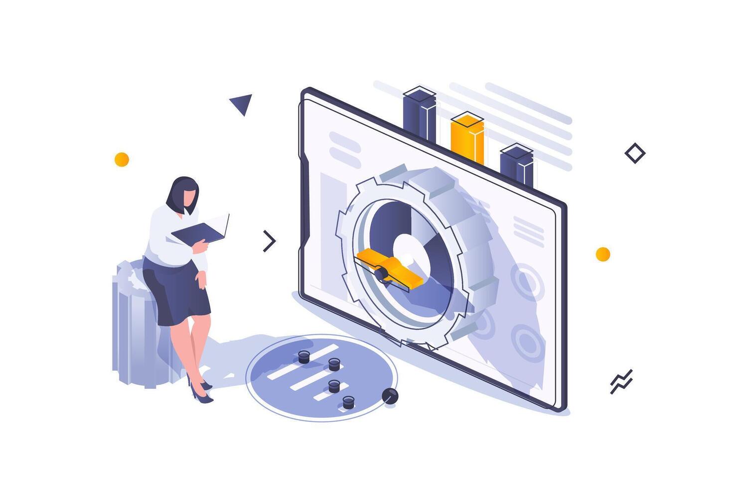 Business marketing concept in 3d isometric design. Businesswoman working with financial data, investing money and making bank deposit. Vector illustration with isometric people scene for web graphic