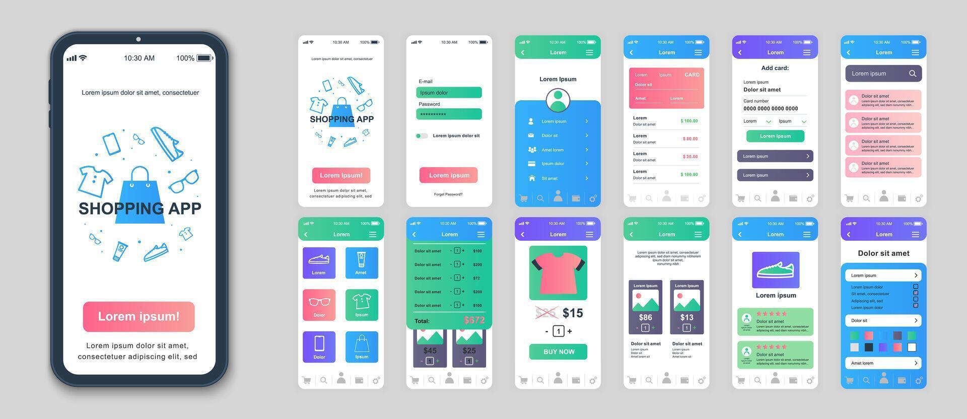 Shopping mobile app screens set for web templates. Pack of profile login, online purchases, discount price sales, product rating. UI, UX, GUI user interface kit for cellphone layouts. Vector design