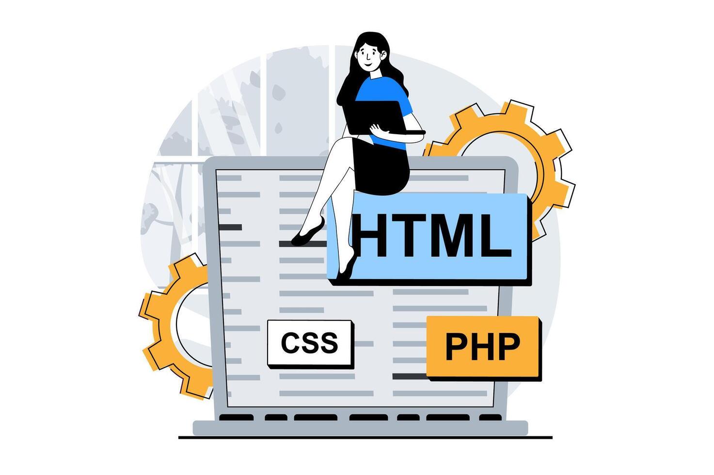 Web development concept with people scene in flat design. Woman programming code for site, settings, testing and optimization page. Vector illustration for social media banner, marketing material.