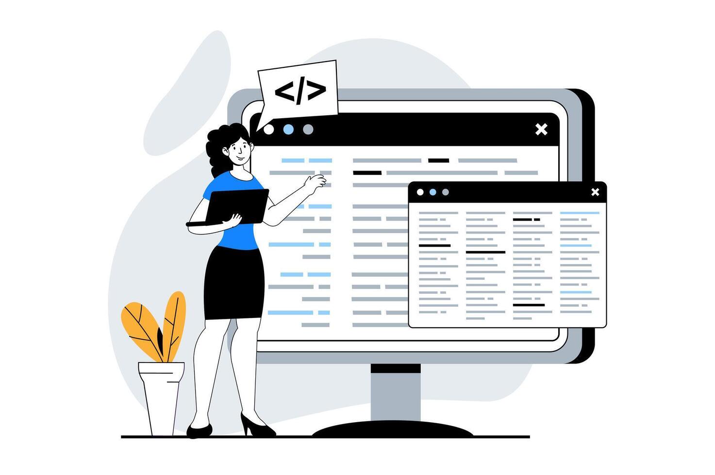 Web development concept with people scene in flat design. Woman working with programming code at computer screen and making layout. Vector illustration for social media banner, marketing material.