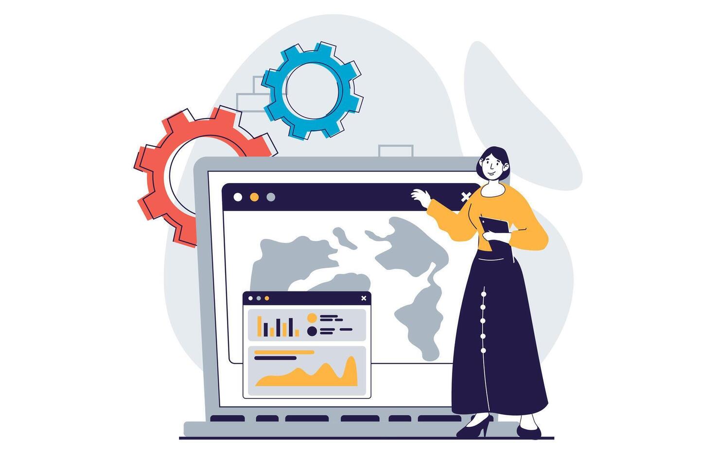 Global economic concept with people scene in flat design for web. Woman working with worldwide financial data for marketing report. Vector illustration for social media banner, marketing material.