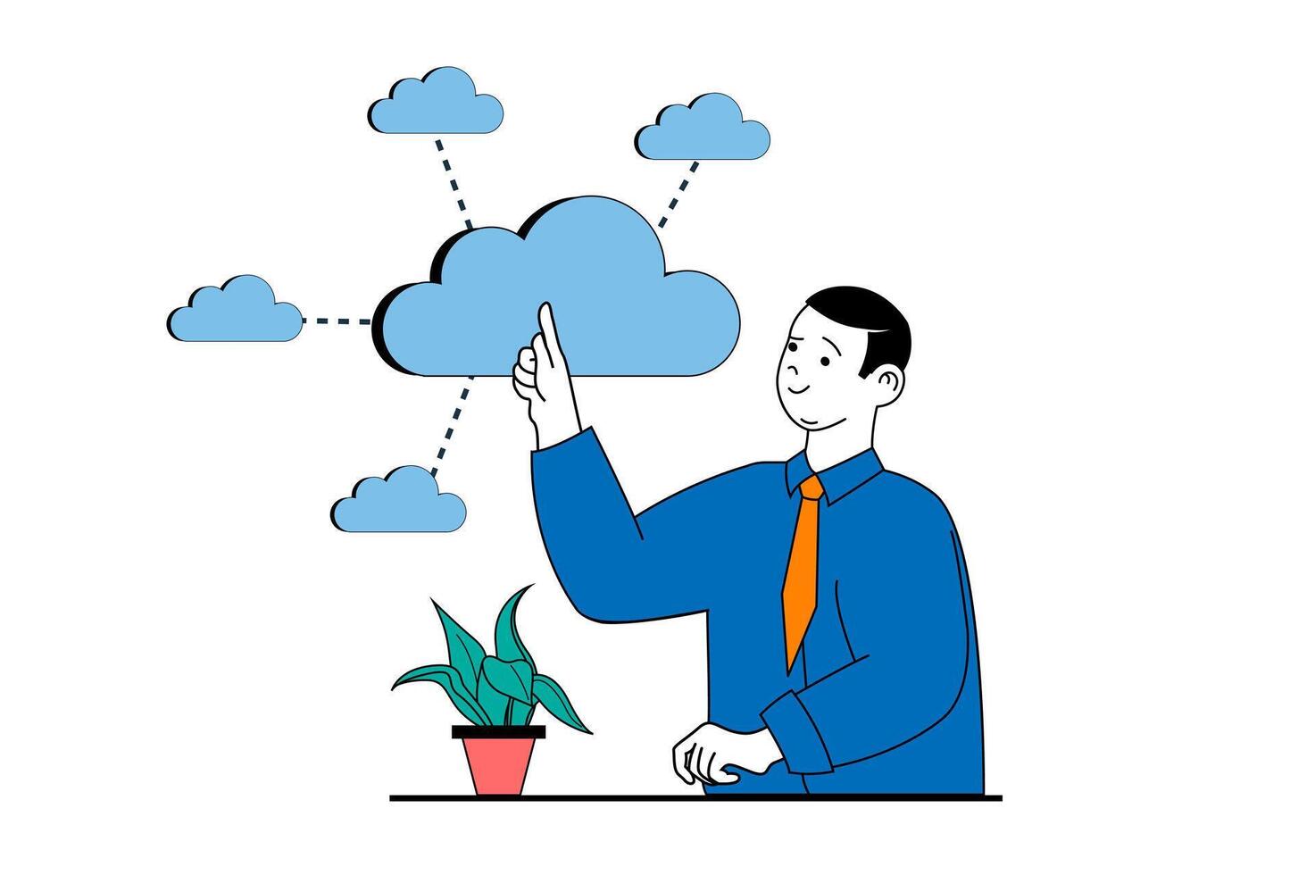 Cloud computing concept with people scene in flat web design. Man uploading data and sharing links with access for virtual community. Vector illustration for social media banner, marketing material.