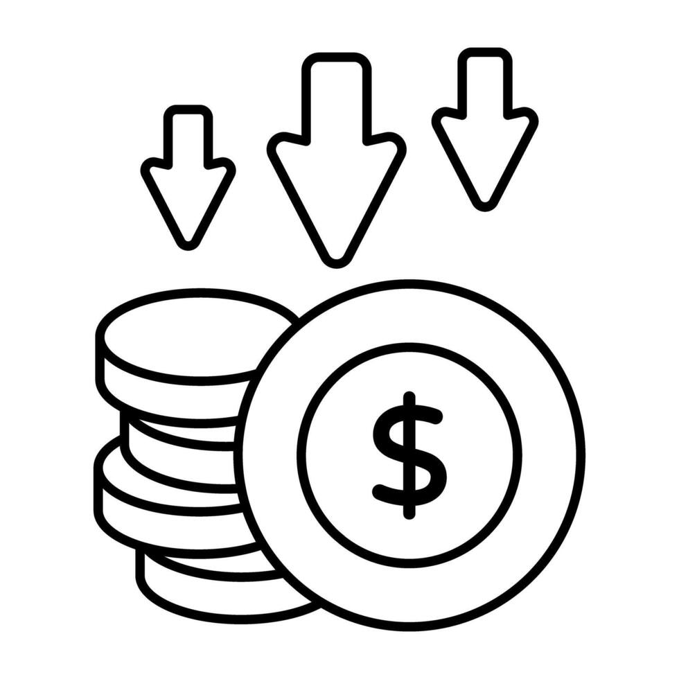 A line design icon of dollar value down vector