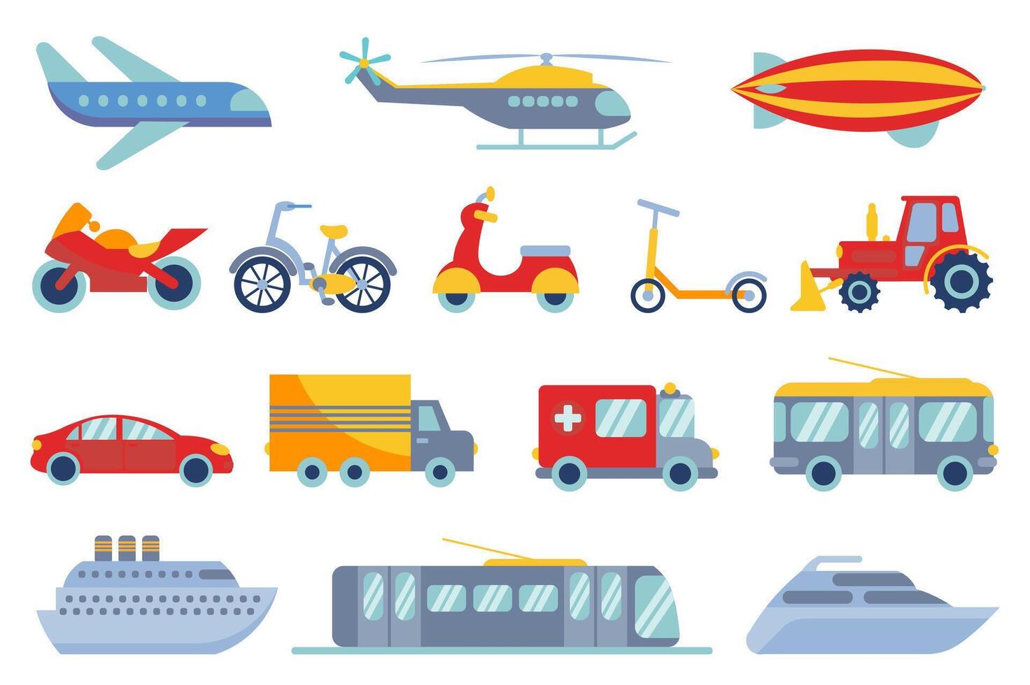 Transport mega set elements in flat design. Bundle of airplane, helicopter, airship, motorcycle, bike, kick scooter, tractor, car, truck, ships and other. Vector illustration isolated graphic objects