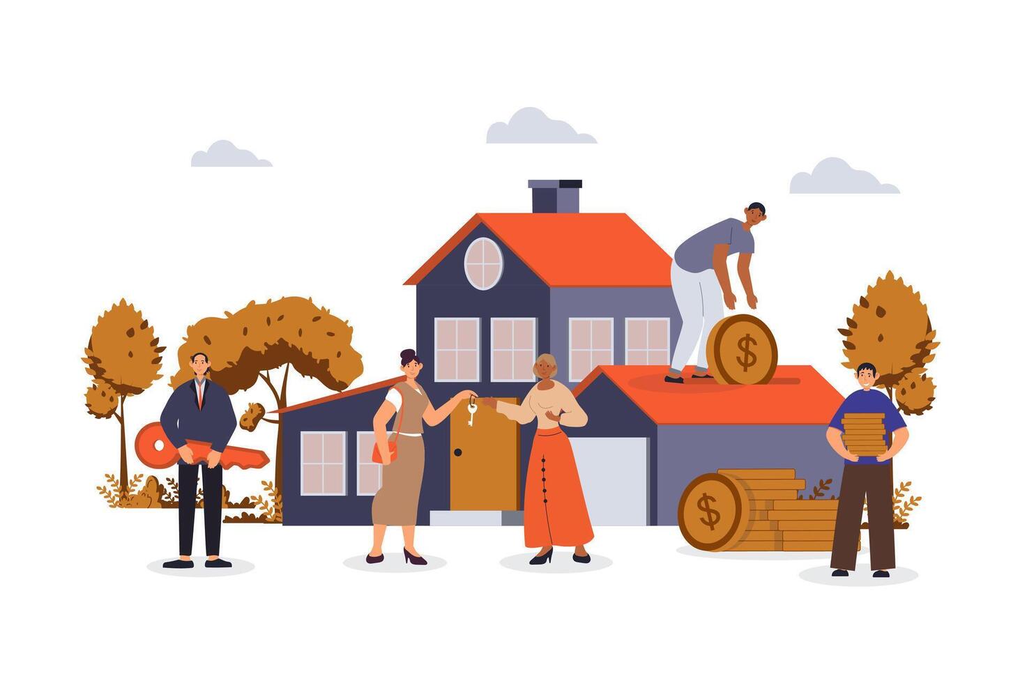 hipoteca concepto con personaje escena para web. mujer y hombres comprando nuevo casas, invertir en propiedad, poseer real bienes. personas situación en plano diseño. vector ilustración para márketing material.