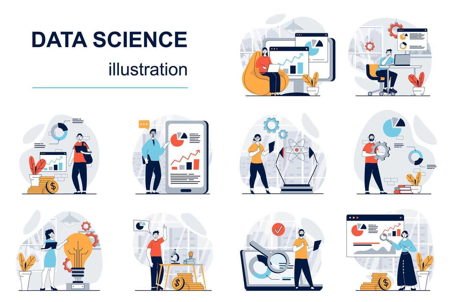 Data science concept with character situations mega set. Bundle of scenes people, making science research, working with datum charts, searching information. Vector illustrations in flat web design