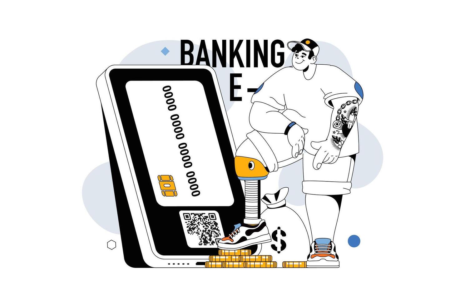 Online banking concept with people scene in flat line design for web. Man makes online transaction with e-wallet or credit card in app. Vector illustration for social media banner, marketing material.