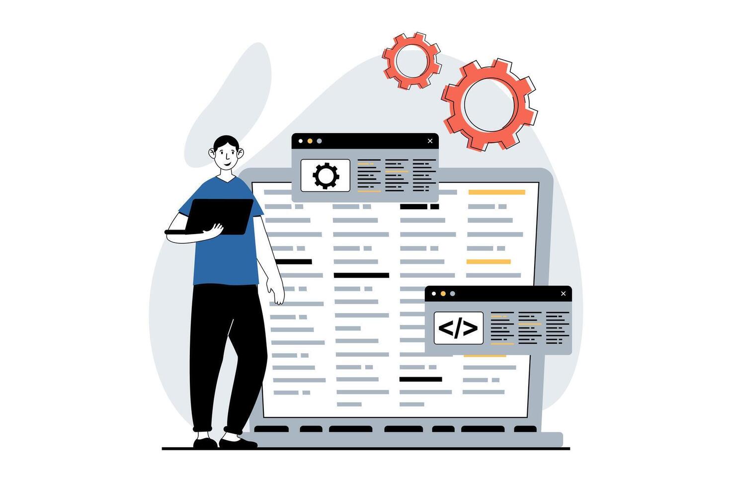 Software development concept with people scene in flat design for web. Man working with programming code, prototyping and engineering. Vector illustration for social media banner, marketing material.