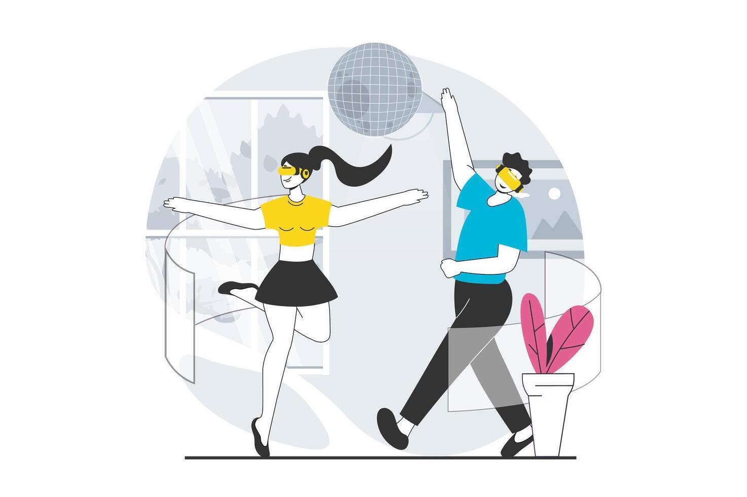 Virtual reality concept with people scene in flat design for web. Woman and man in VR headsets dancing in club augmented simulation. Vector illustration for social media banner, marketing material.