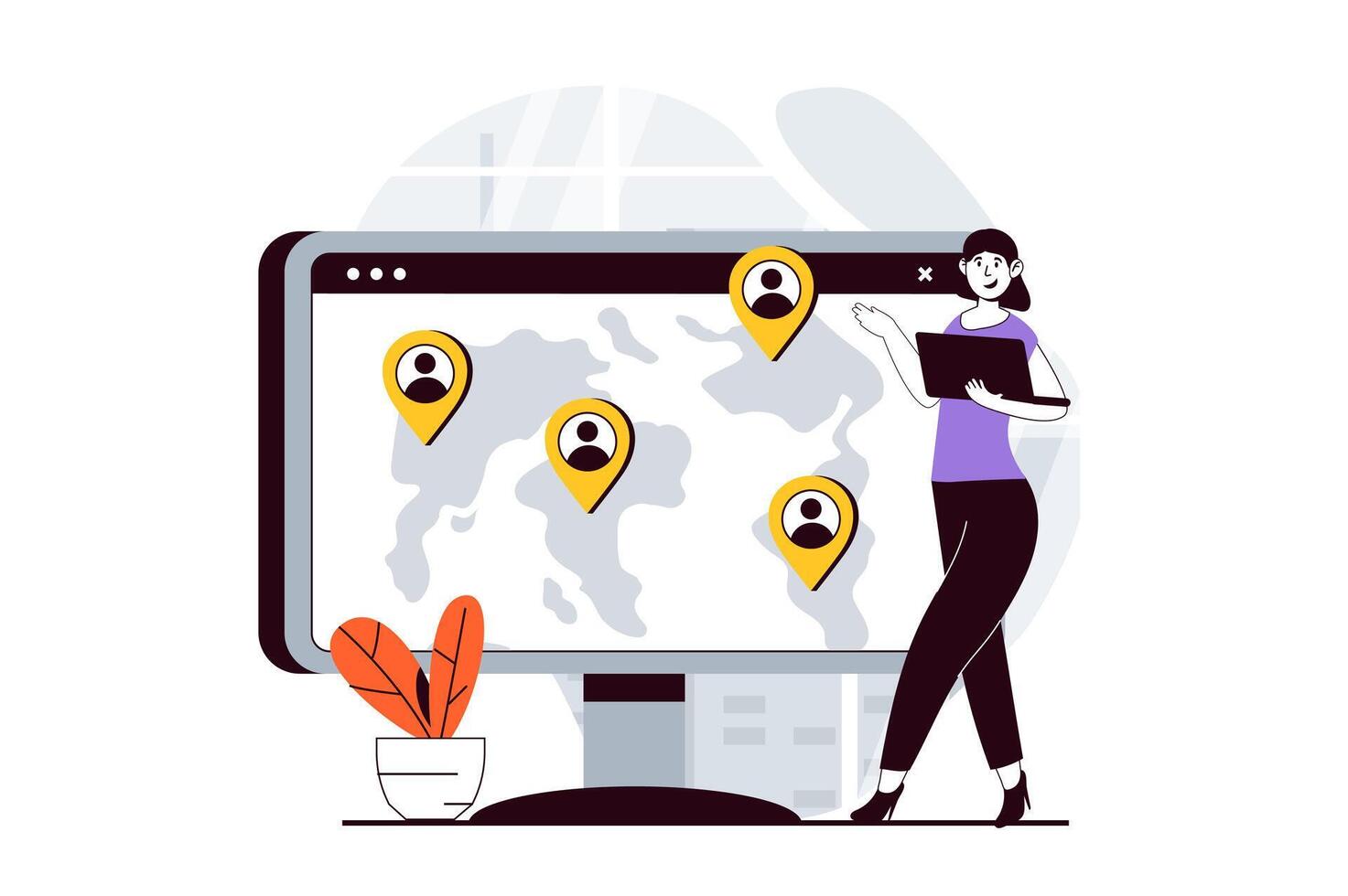 Social network concept with people scene in flat design for web. Woman communicating online and having distantly friends in global. Vector illustration for social media banner, marketing material.