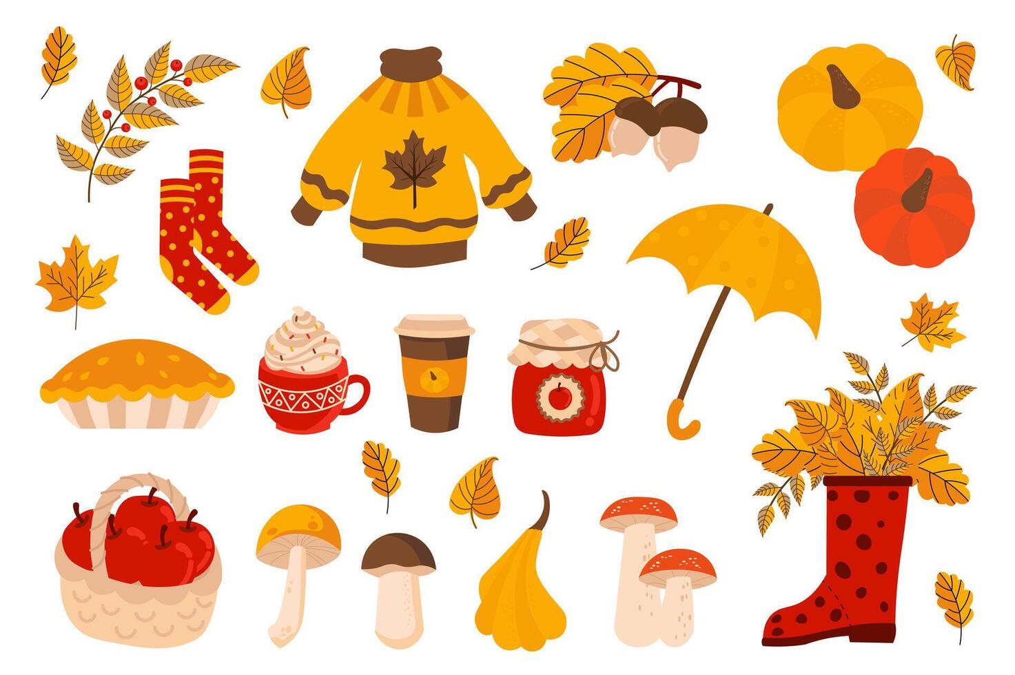 Cozy autumn mega set elements in flat design. Bundle of falling orange leaves, sweater, socks, pumpkins, umbrella, pie, cocoa mug, rubber boots and other. Vector illustration isolated graphic objects