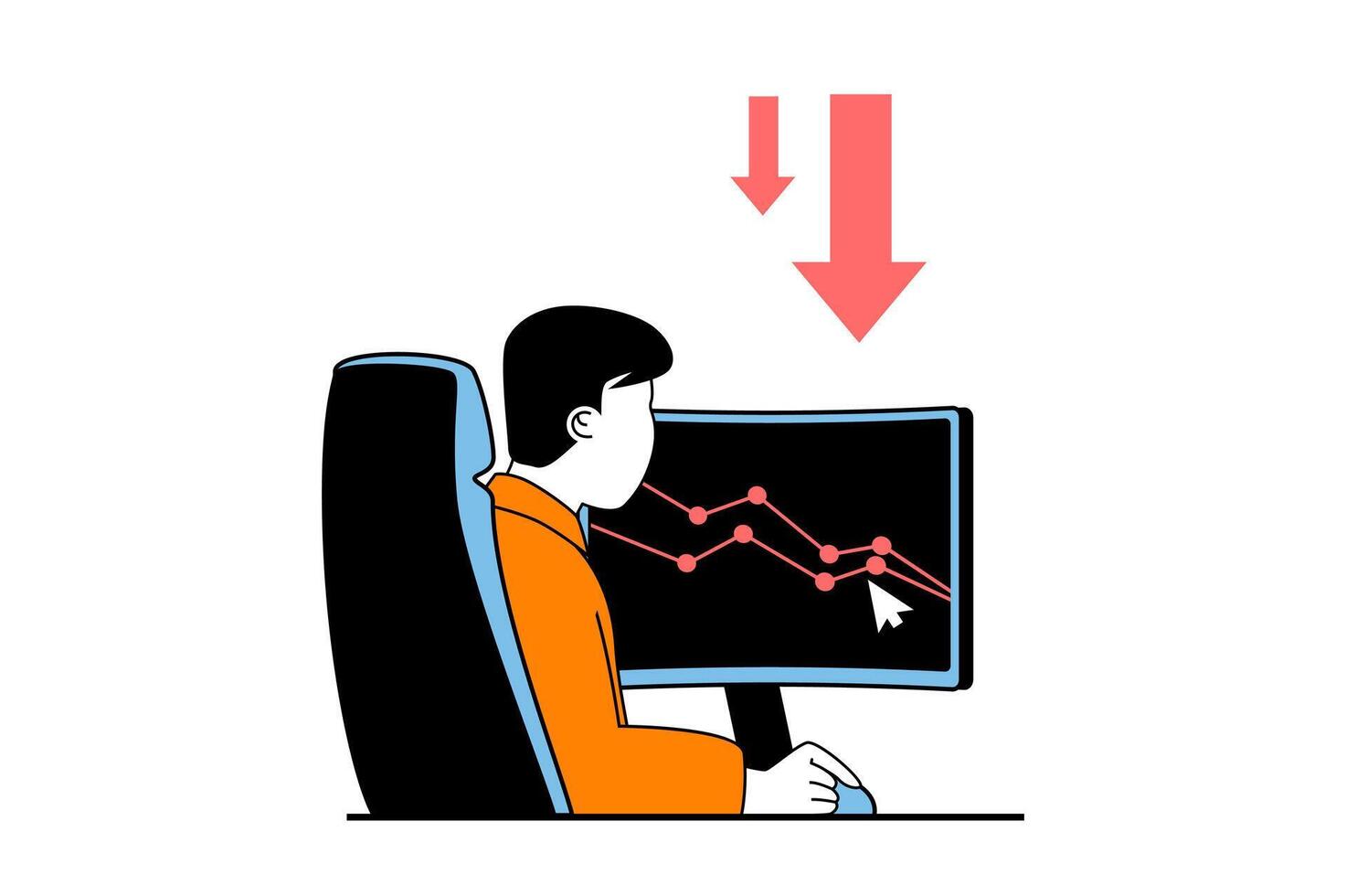 Crisis management concept with people scene in flat web design. Man analysing financial chart and trying to find solving for problems. Vector illustration for social media banner, marketing material.