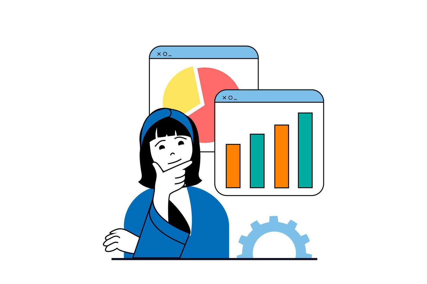 datos análisis concepto con personas escena en plano web diseño. mujer analizando base de datos y investigando gráficos, haciendo analítica informe. vector ilustración para social medios de comunicación bandera, márketing material.