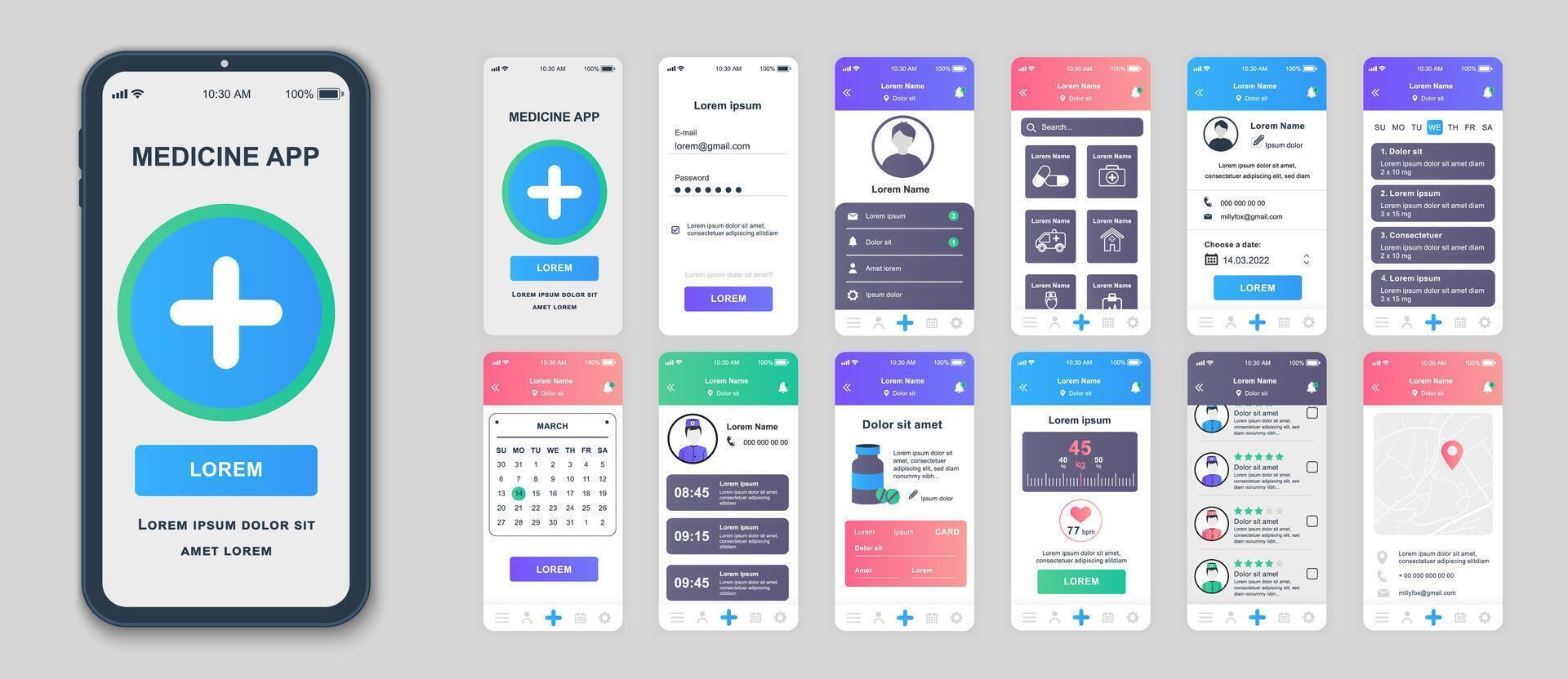 Medicine mobile app screens set for web templates. Pack of login profile, online services, doctor visits calendar, health data. UI, UX, GUI user interface kit for cellphone layouts. Vector design