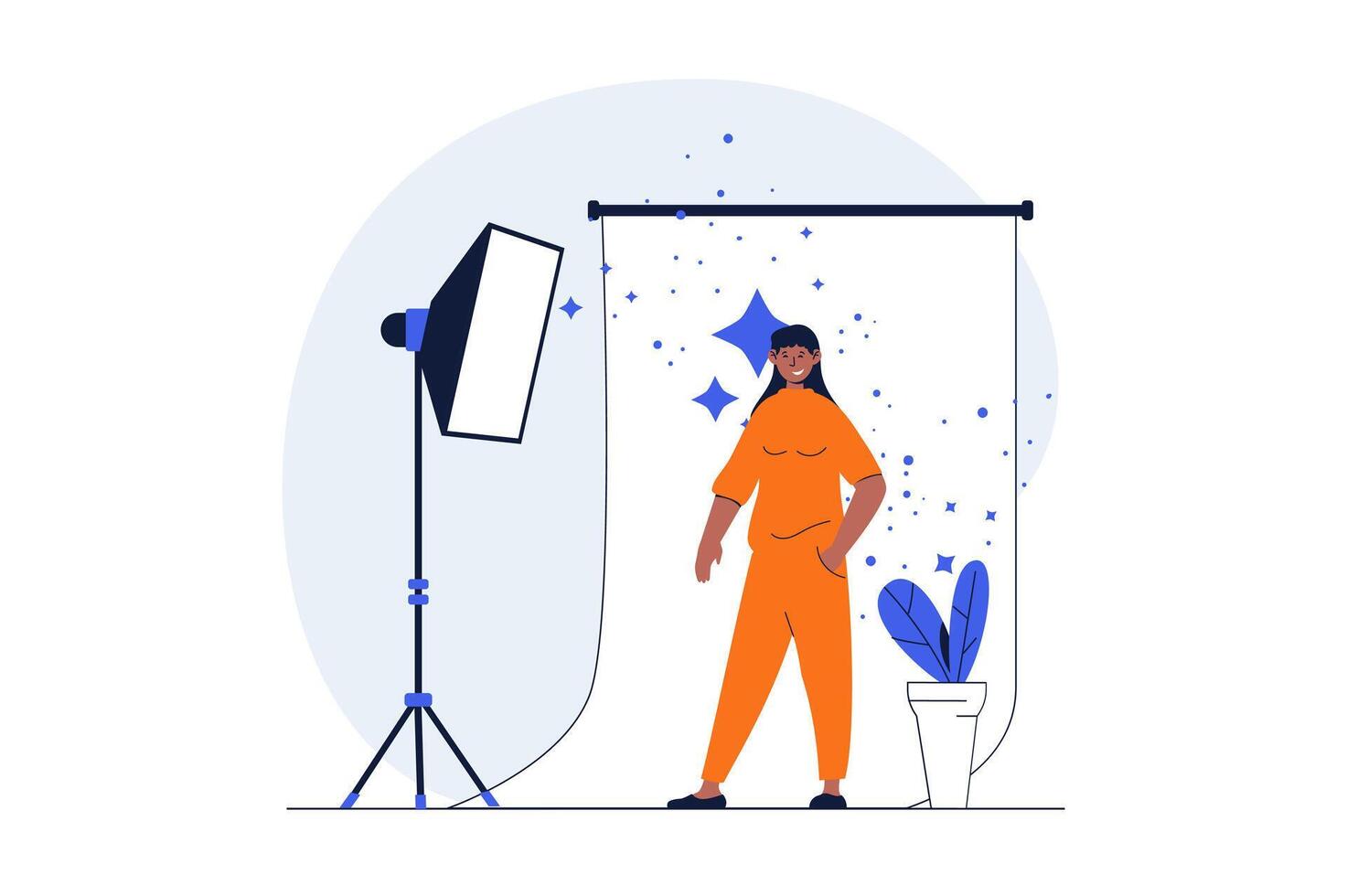 Podcast streaming web concept with character scene. Woman posing in studio, show making backstage process. People situation in flat design. Vector illustration for social media marketing material.
