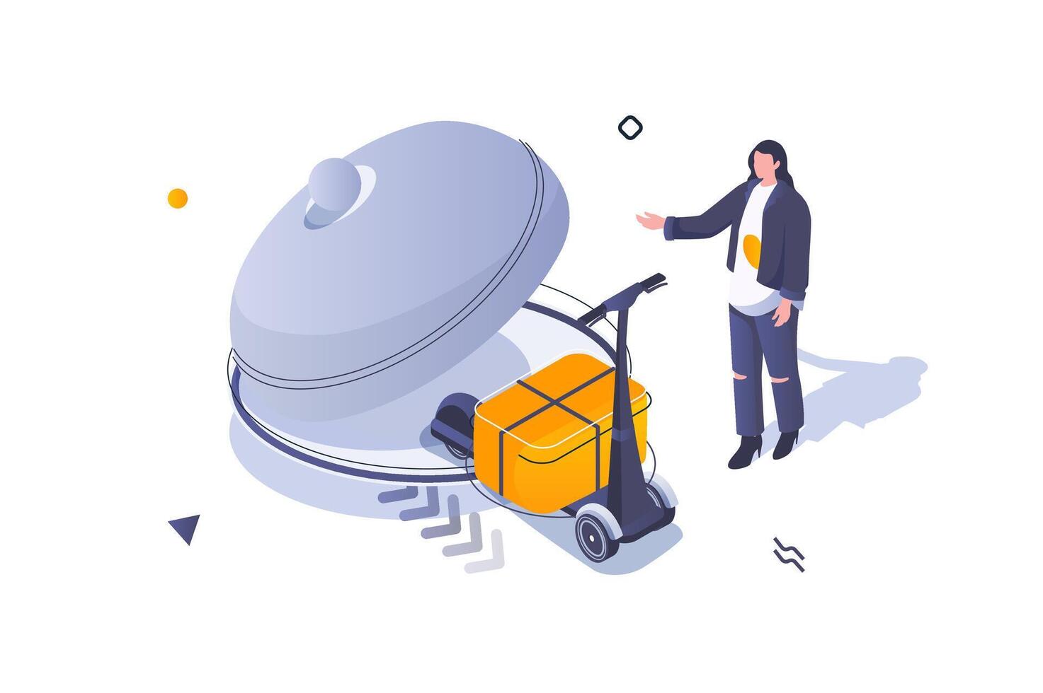 Food delivery concept in 3d isometric design. Woman making order from restaurant and using express shipping by courier kick scooter. Vector illustration with isometric people scene for web graphic