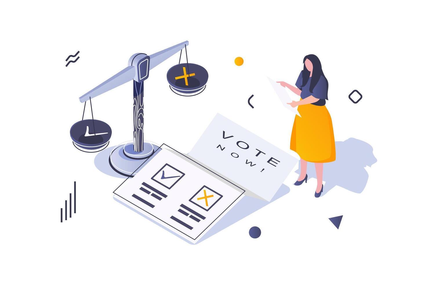 Election and voting concept in 3d isometric design. Woman makes decision and choices politician by voting on ballot at polling station. Vector illustration with isometric people scene for web graphic