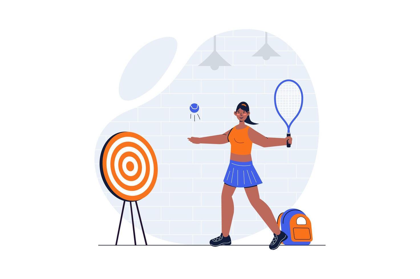 Sport training web concept with character scene. Woman with racket and ball playing tennis for competition. People situation in flat design. Vector illustration for social media marketing material.