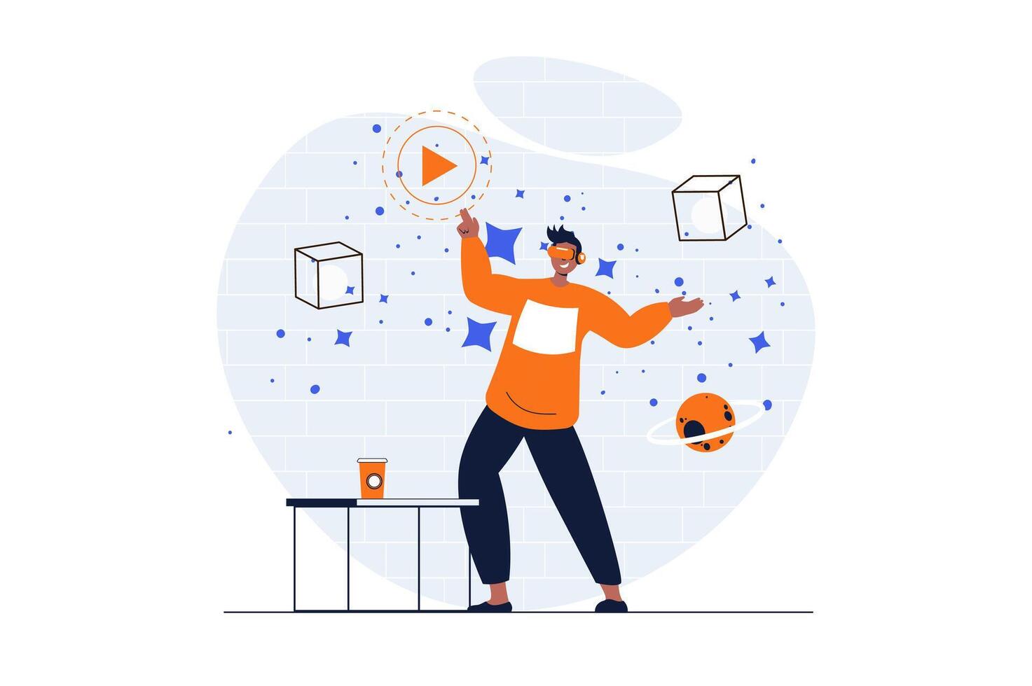 Cyberspace web concept with character scene. Man in VR glasses interacting with 3d objects in virtual reality. People situation in flat design. Vector illustration for social media marketing material.