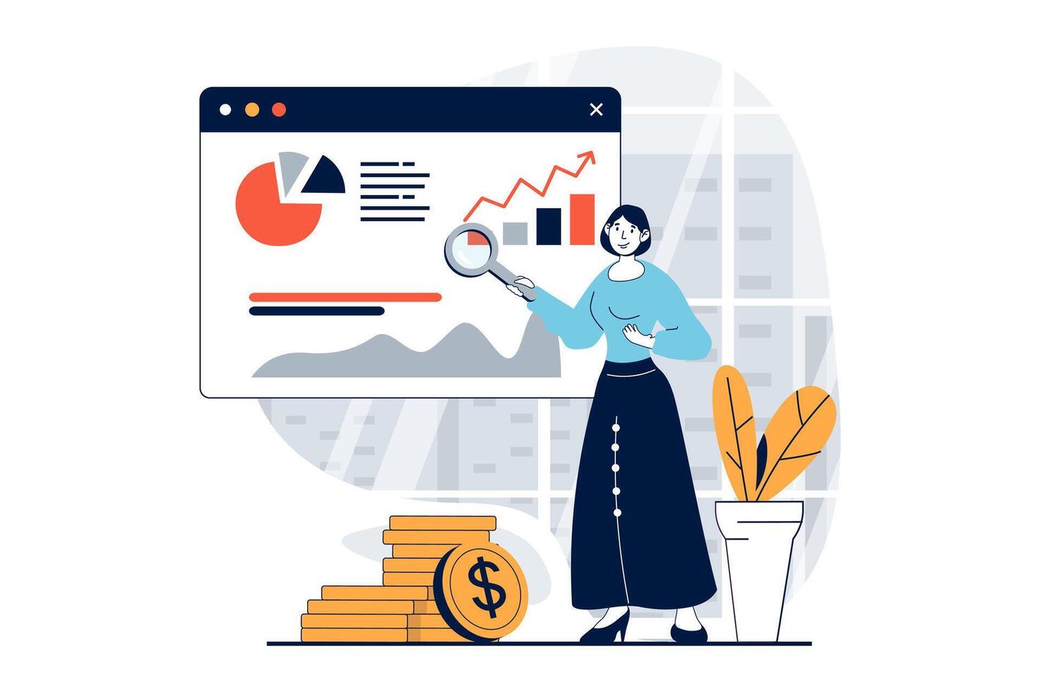 Data science concept with people scene in flat design for web. Woman working with graphs, searching statistics for presentation report. Vector illustration for social media banner, marketing material.