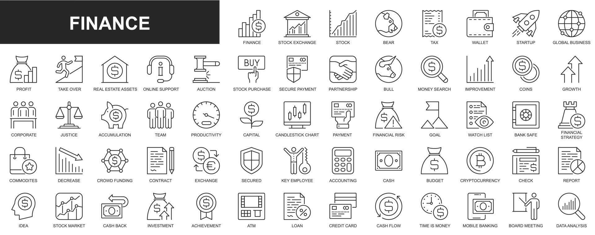 Finance web icons set in thin line design. Pack of stock exchange, loan, tax, wallet, startup, global business, profit, online support, purchase, partnership, other. Vector outline stroke pictograms