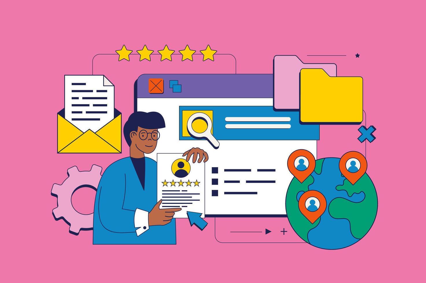 Recruitment concept in flat neo brutalism design for web. Man searching candidates for vacancy, searches best cv, hiring employees. Vector illustration for social media banner, marketing material.