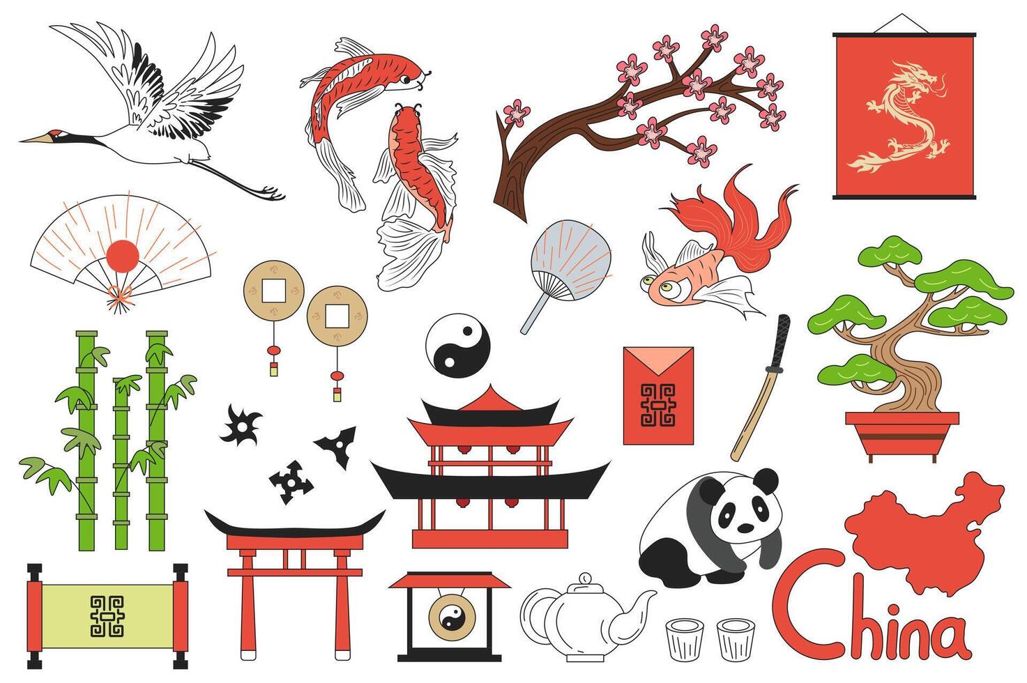 China elements mega set in graphic flat design. Bundle elements of crane, koi fish, sakura, dragon, fans, carp, yin yang, bonsai tree, bamboo, katana and other. Vector illustration isolated stickers