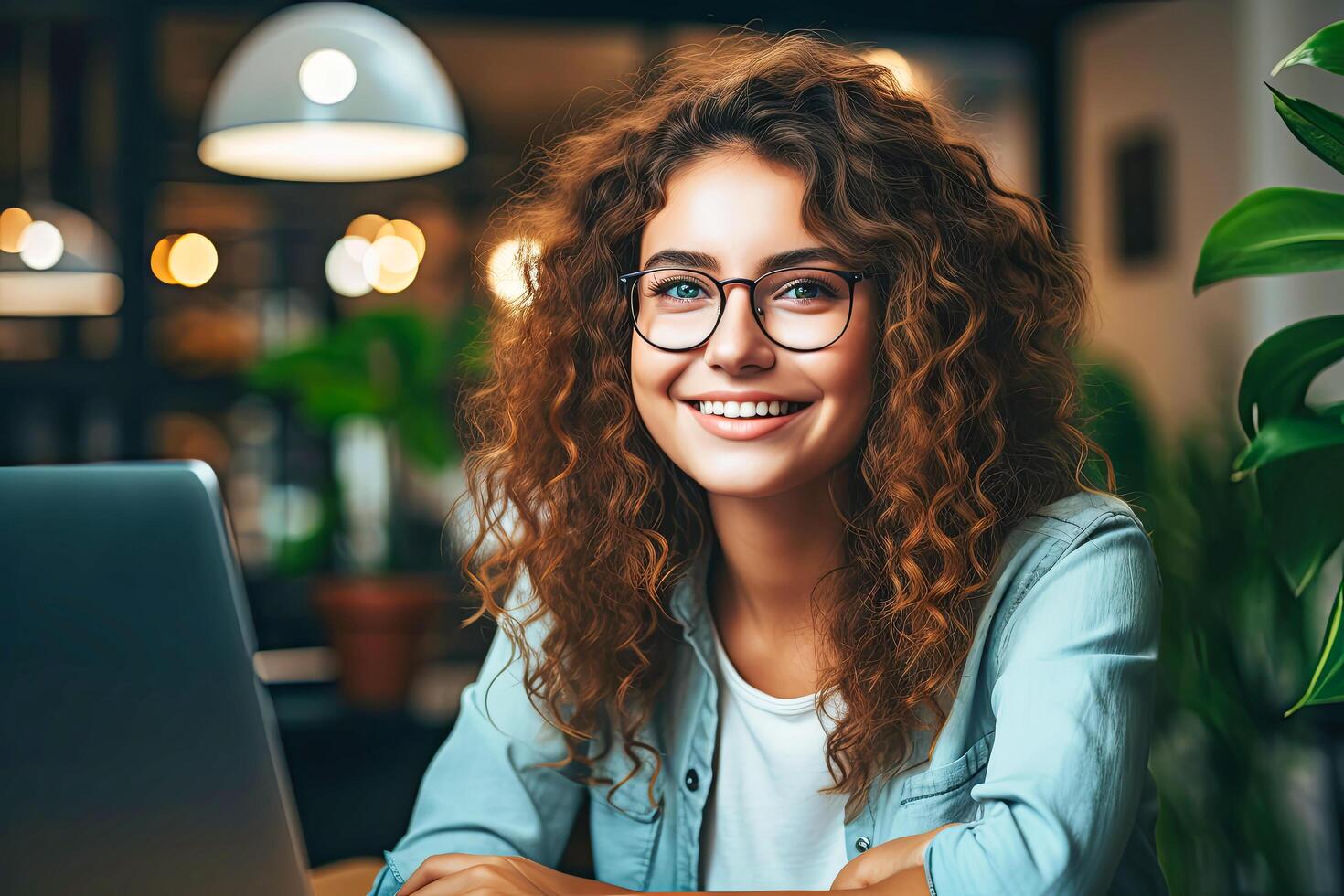 AI generated Woman Sitting in Front of Laptop Computer photo