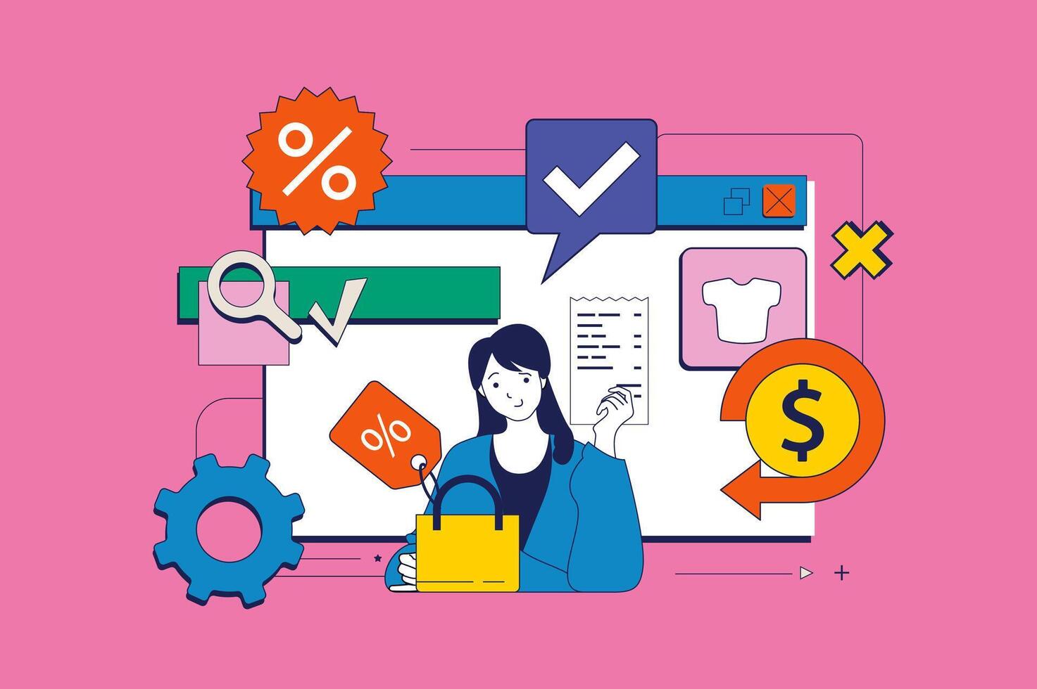 Shopping concept in flat neo brutalism design for web. Woman buying new goods at online store, orders at seasonal sales with discounts. Vector illustration for social media banner, marketing material.