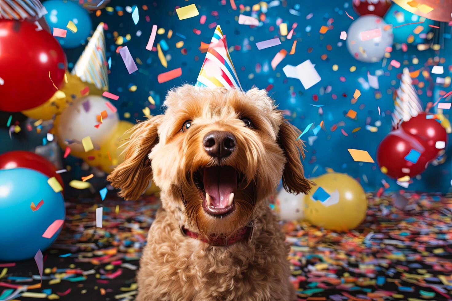 AI generated Dog Wearing Party Hat With Balloons in Background photo