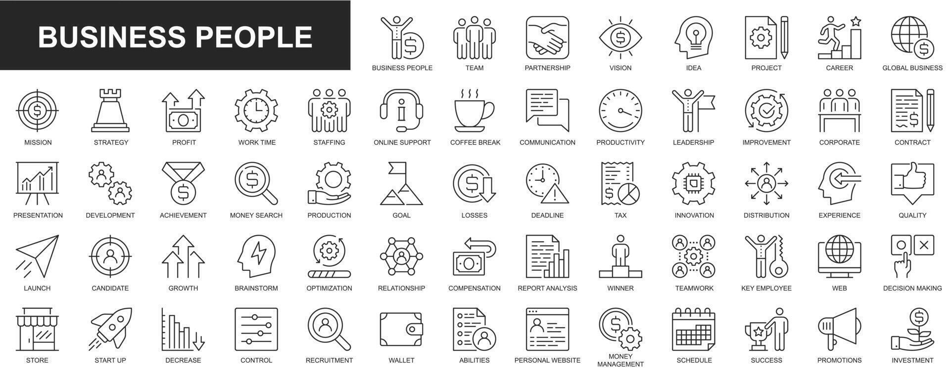 Business people web icons set in thin line design. Pack of team, partnership, vision, idea, project, career, mission, report, profit, work time, online support, other. Vector outline stroke pictograms