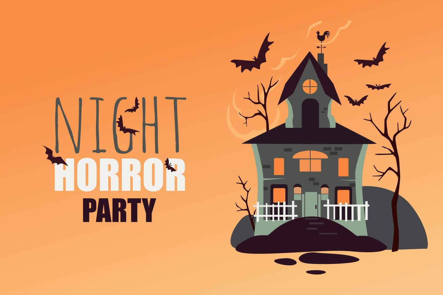 Halloween party poster template in flat design. Banner invitation layout to night horror festival with creepy old house or spooky castle, horror black trees and flying bats. Vector illustration.