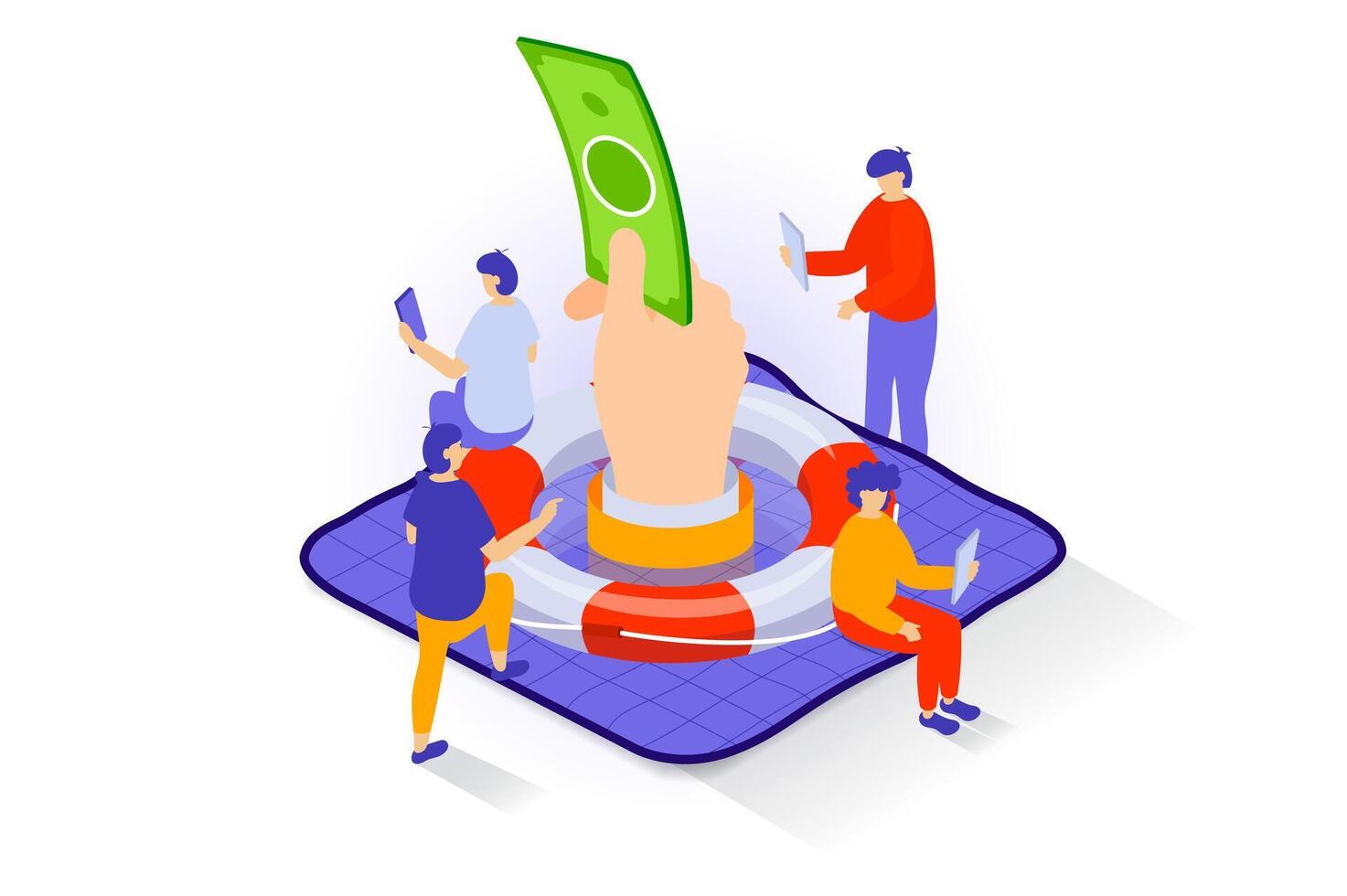 Unemployment and crisis concept in 3d isometric design. People trying saving their money with lifebuoy and keep job during layoffs period. Vector illustration with isometry scene for web graphic