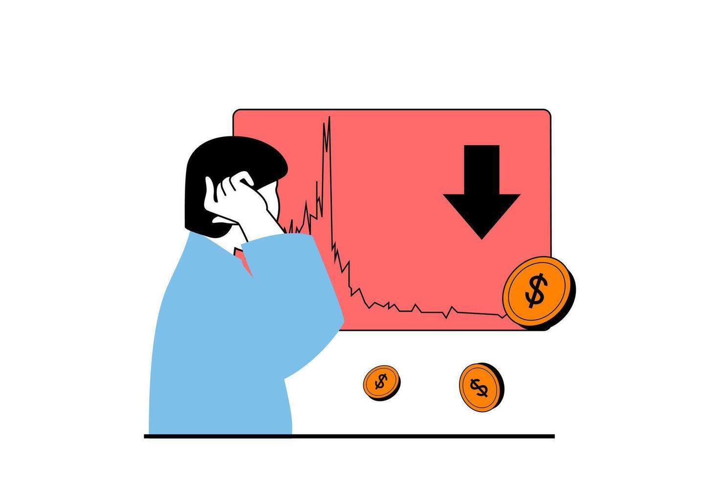 Crisis management concept with people scene in flat web design. Upset man analyzes falling economic trend chart and company debts. Vector illustration for social media banner, marketing material.