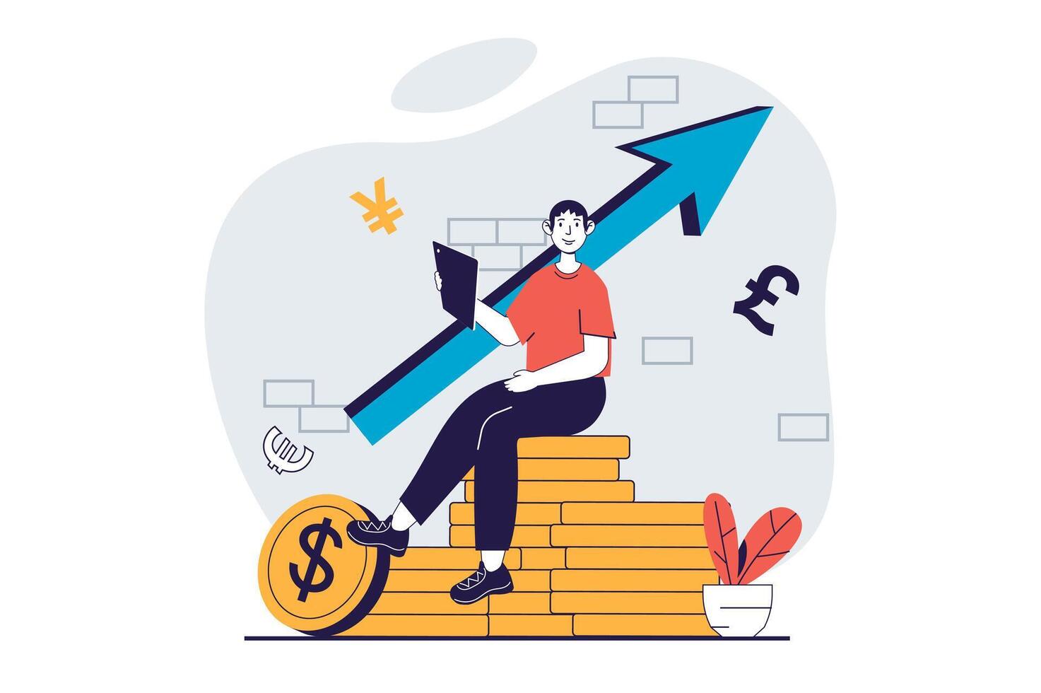 Global economic concept with people scene in flat design for web. Businessman invests money and analyzes world financial exchanges. Vector illustration for social media banner, marketing material.