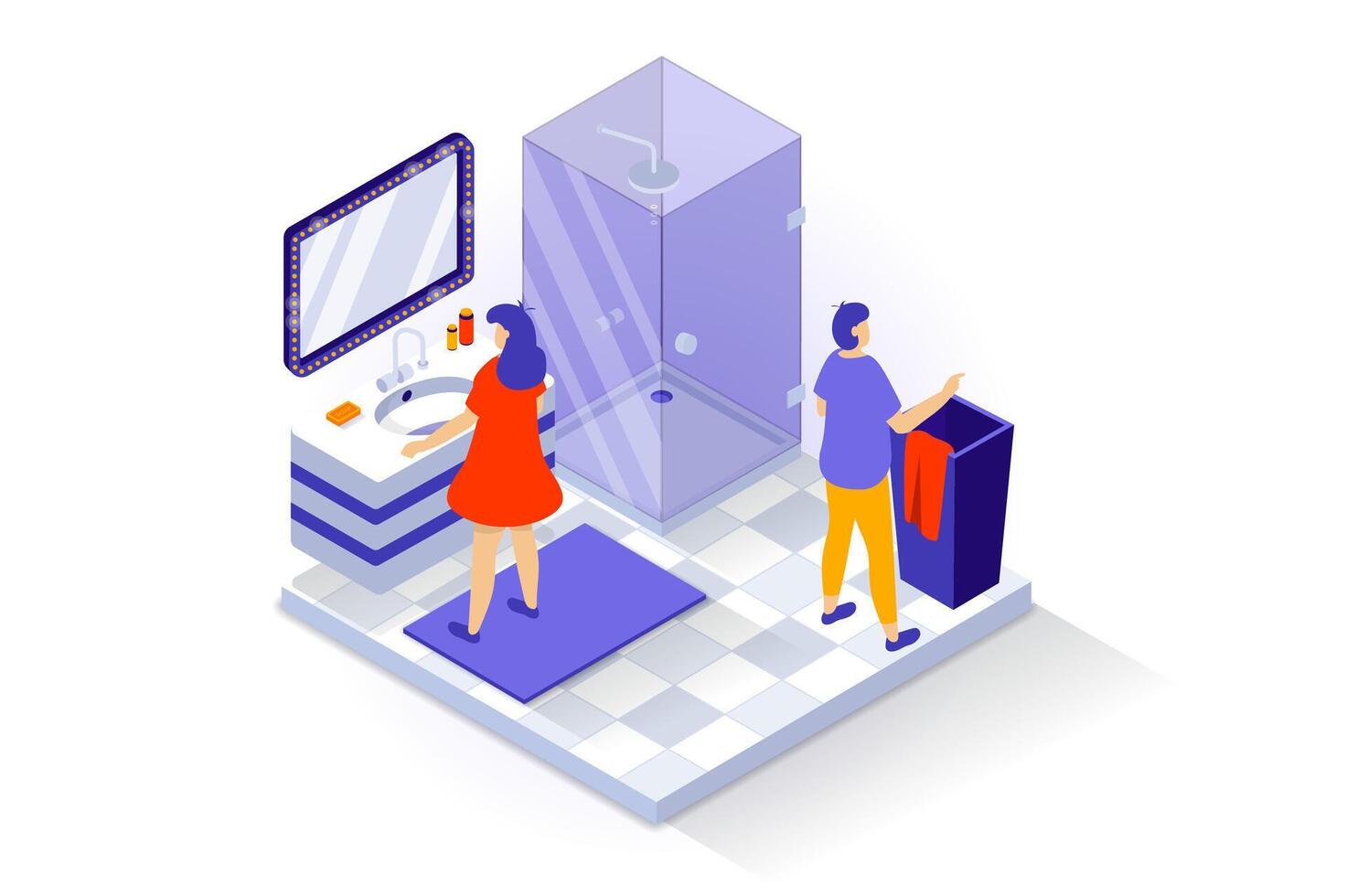 Home interior concept in 3d isometric design. People stand in bathroom with shower cabin, washbasin and mirror, laundry basket, tile flooring. Vector illustration with isometry scene for web graphic