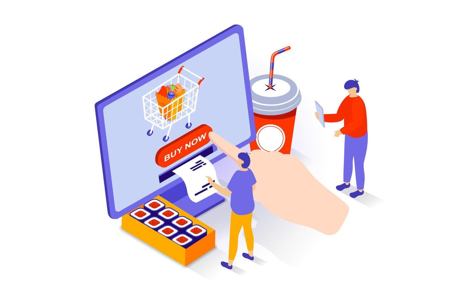Food delivery concept in 3d isometric design. People ordering products bags in supermarket, sushi and drink in cafe, buying and receive receipt. Vector illustration with isometry scene for web graphic