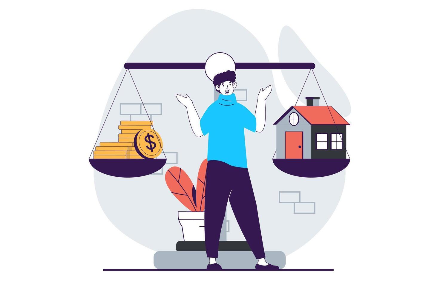 Real estate concept with people scene in flat design for web. Man decides to invest savings in buying house, weighing idea on scales. Vector illustration for social media banner, marketing material.