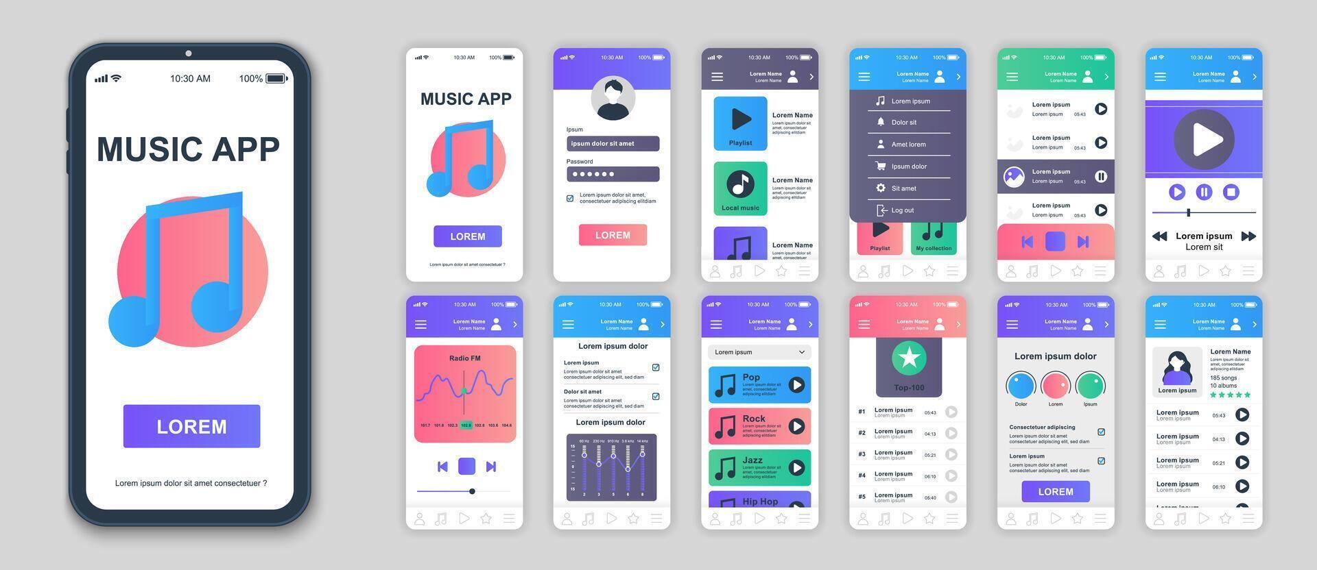 Music mobile app screens set for web templates. Pack of profile login, album playlists, online audio player, equalizer settings. UI, UX, GUI user interface kit for cellphone layouts. Vector design