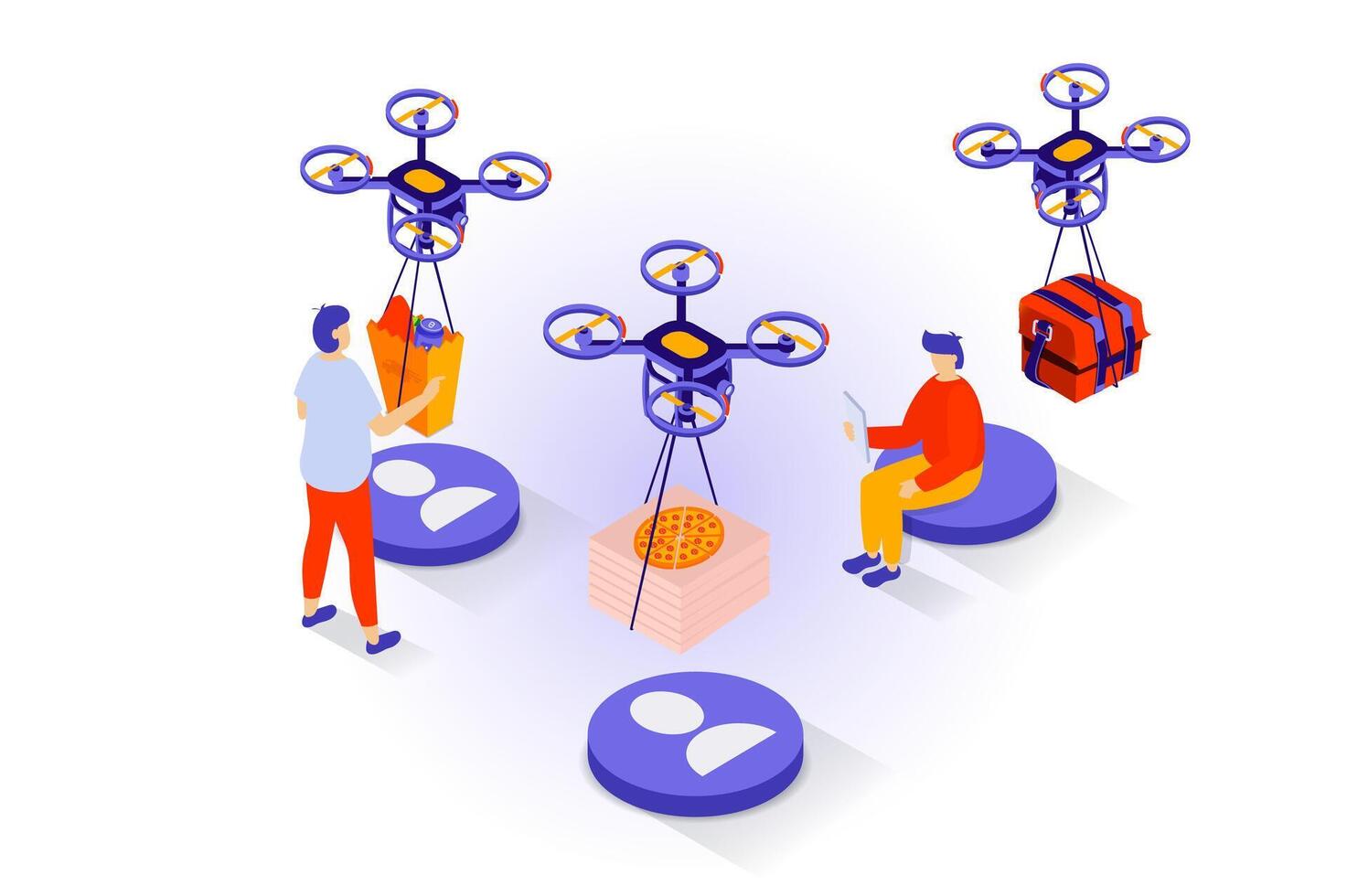Food delivery concept in 3d isometric design. People ordering products bags and pizza from restaurant and receiving parcels from flying drones. Vector illustration with isometry scene for web graphic