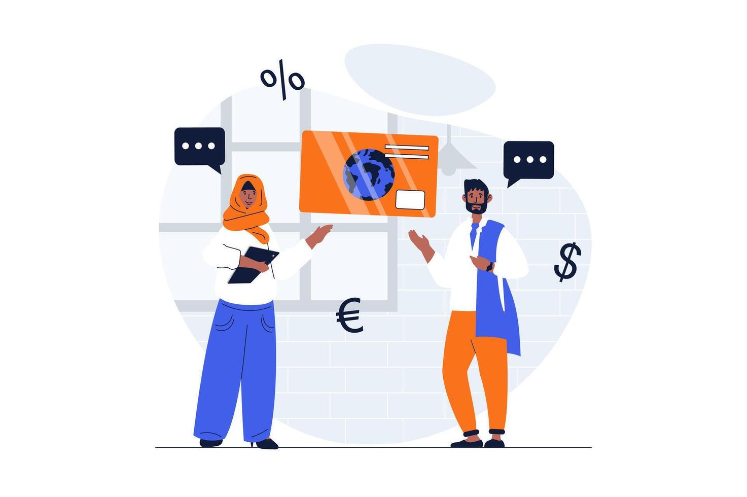 Payment web concept with character scene. Arabic muslim man and woman using online banking and credit card. People situation in flat design. Vector illustration for social media marketing material.