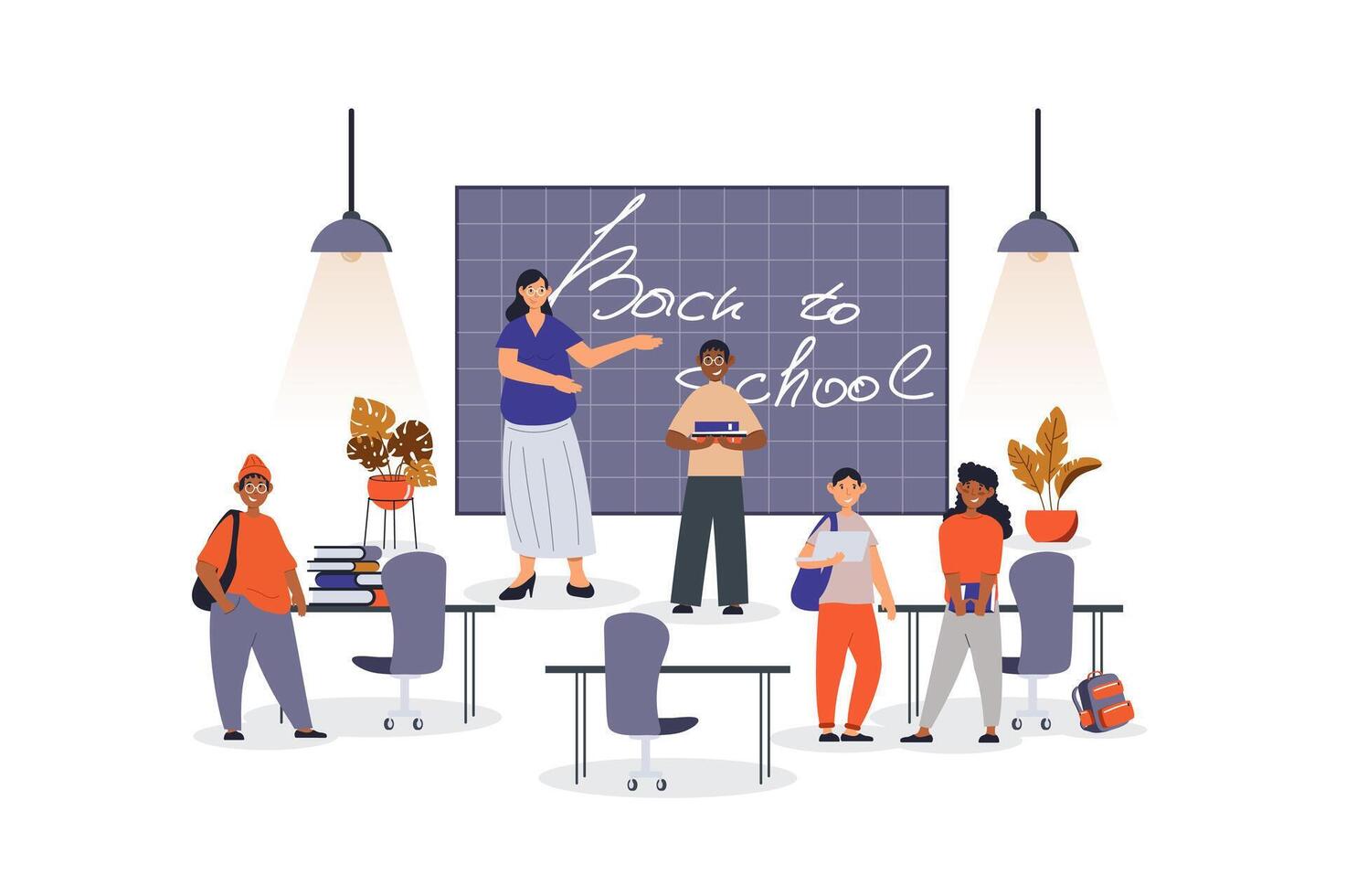 Back to school concept with character scene for web. Teacher greets pupils at blackboard and classmates go to lesson. People situation in flat design. Vector illustration for marketing material.
